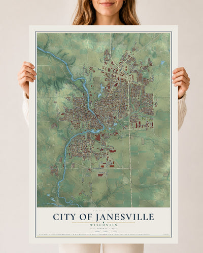 Map of Janesville, Wisconsin, 24 x 36 inch unframed archival matte print