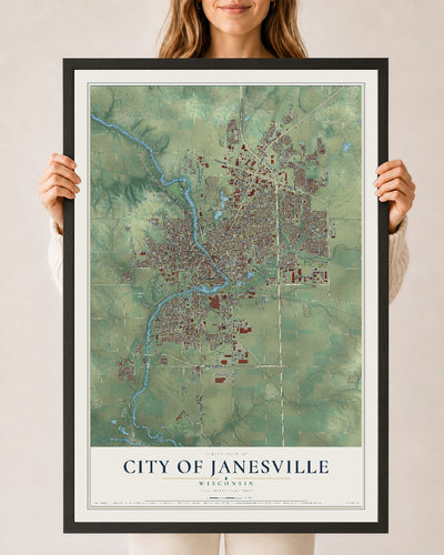 Map of Janesville, Wisconsin, 24 x 36 inch print in a black wood frame