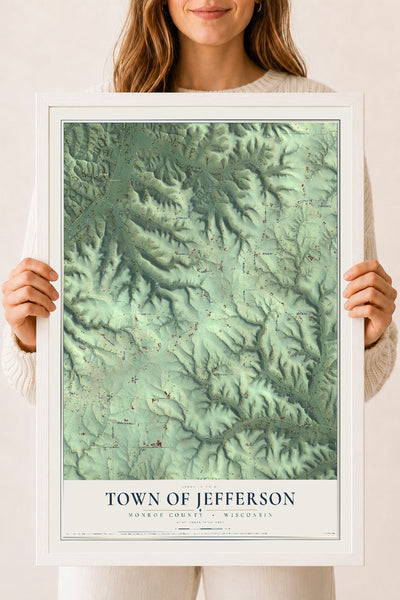 Map of the Town of Jefferson, Monroe County, Wisconsin, 18 x 24 inch print in a white wood frame