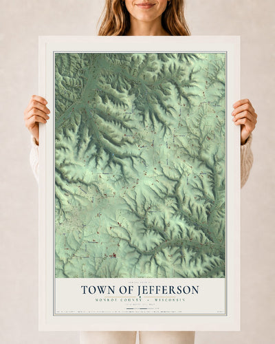 Map of the Town of Jefferson, Monroe County, Wisconsin, 24 x 36 inch print in a white wood frame