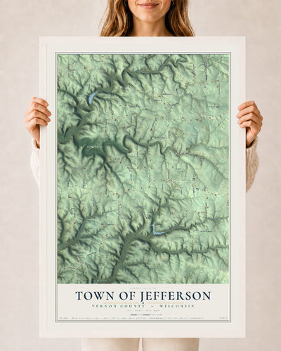 Map of the Town of Jefferson, Vernon County, Wisconsin, 24 x 36 inch print in a white wood frame