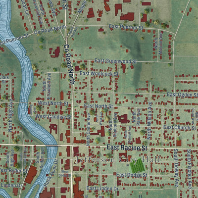 Close-up of the map of Jefferson, Wisconsin print showing street and building detail
