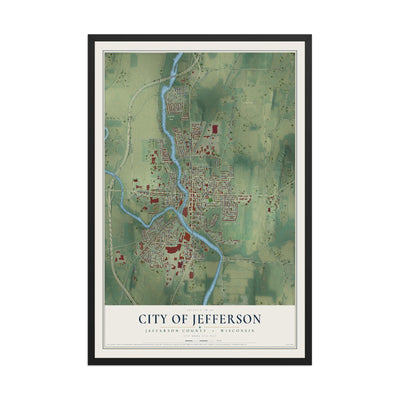 Map of Jefferson, Wisconsin, 12 x 18 inch print in a black wood frame