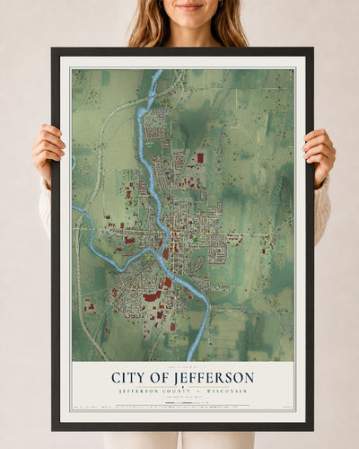 Map of Jefferson, Wisconsin, 24 x 36 inch print in a black wood frame