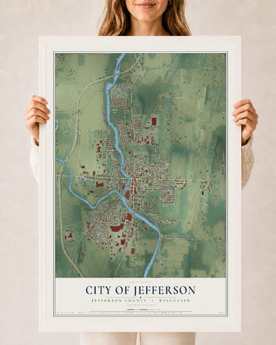 Map of Jefferson, Wisconsin, 24 x 36 inch print in a white wood frame