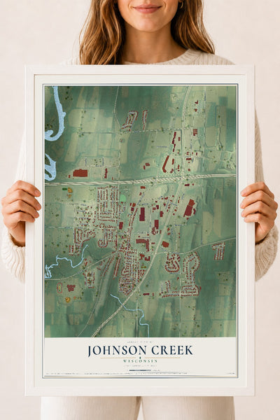 Map of Johnson Creek, Wisconsin, 18 x 24 inch print in a white wood frame
