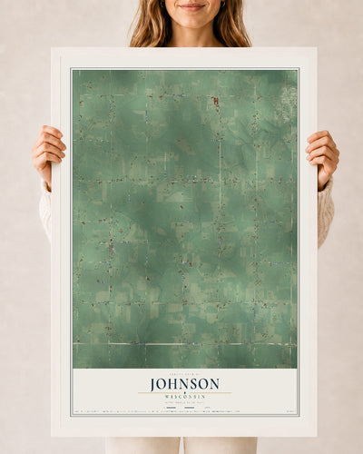 Map of Johnson, Wisconsin, 24 x 36 inch print in a white wood frame