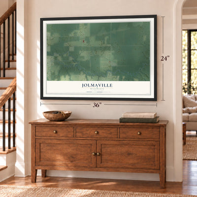 Jolmaville, Wisconsin map, 24 x 36 inch print in a black frame above a dresser by a staircase