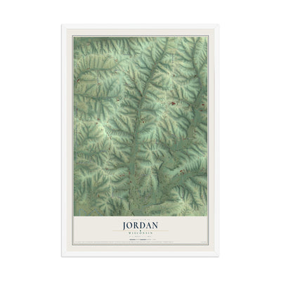 Map of Jordan, Wisconsin, 12 x 18 inch print in a white wood frame