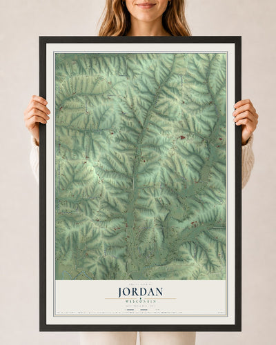 Map of Jordan, Wisconsin, 24 x 36 inch print in a black wood frame