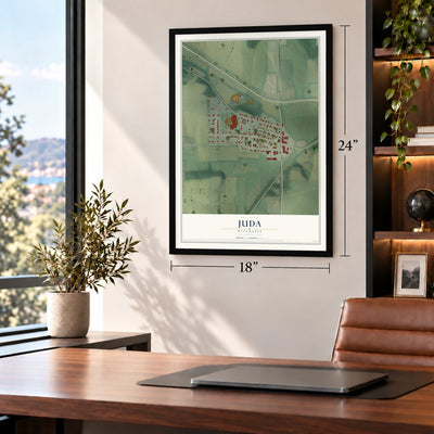 Juda, Wisconsin map, 18 x 24 inch print in a black frame in a home office