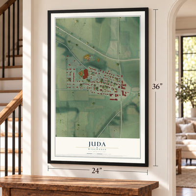 Juda, Wisconsin map, 24 x 36 inch print in a black frame by a staircase