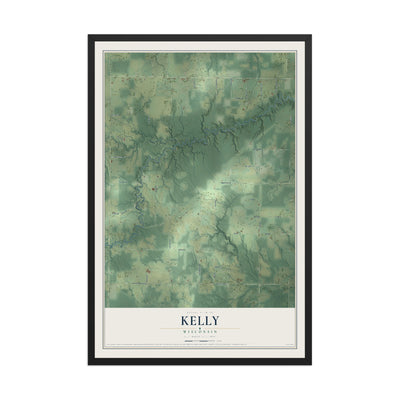 Map of Kelly, Wisconsin, 12 x 18 inch print in a black wood frame