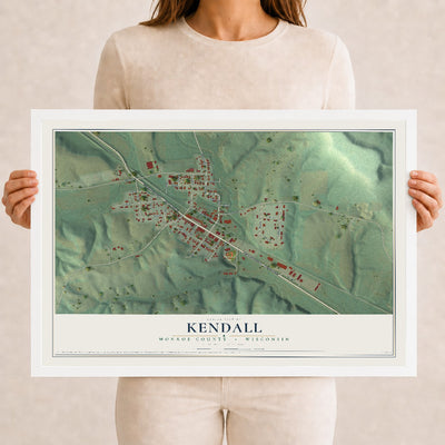 Map of Kendall, Monroe County, Wisconsin, 12 x 18 inch print in a white wood frame