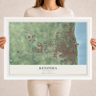 Map of Kenosha, Wisconsin, 18 x 24 inch print in a white wood frame