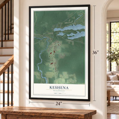 Keshena, Wisconsin map, 24 x 36 inch print in a black frame by a staircase