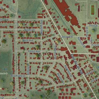 Close-up of the map of Kewaskum, Wisconsin print showing street and building detail