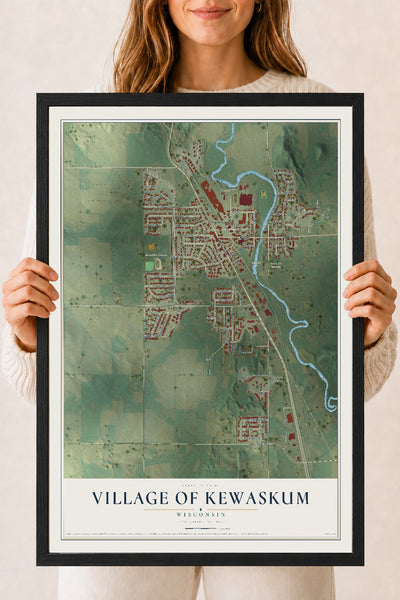 Map of Kewaskum, Wisconsin, 18 x 24 inch print in a black wood frame