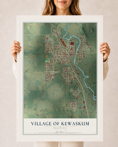 Map of Kewaskum, Wisconsin, 24 x 36 inch print in a white wood frame