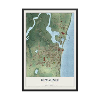 Map of Kewaunee, Wisconsin, 12 x 18 inch print in a black wood frame