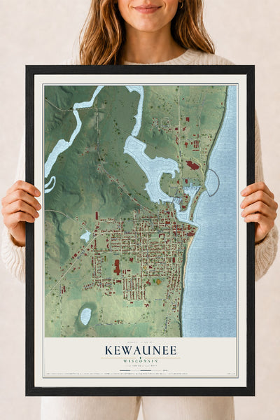 Map of Kewaunee, Wisconsin, 18 x 24 inch print in a black wood frame