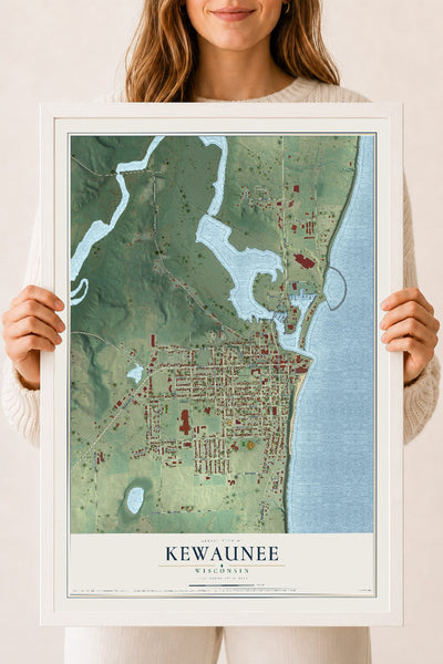 Map of Kewaunee, Wisconsin, 18 x 24 inch print in a white wood frame