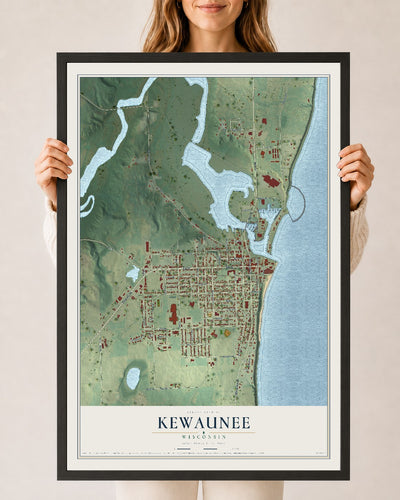 Map of Kewaunee, Wisconsin, 24 x 36 inch print in a black wood frame