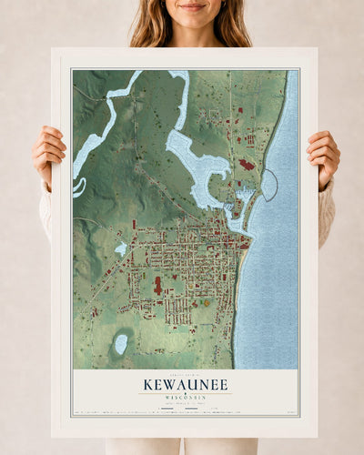 Map of Kewaunee, Wisconsin, 24 x 36 inch print in a white wood frame