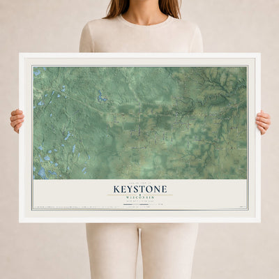 Map of Keystone, Wisconsin, 24 x 36 inch print in a white wood frame