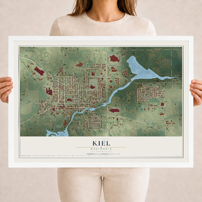 Map of Kiel, Wisconsin, 18 x 24 inch print in a white wood frame