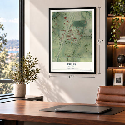 Kieler, Wisconsin map, 18 x 24 inch print in a black frame in a home office