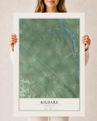 Map of Kildare, Wisconsin, 24 x 36 inch print in a white wood frame