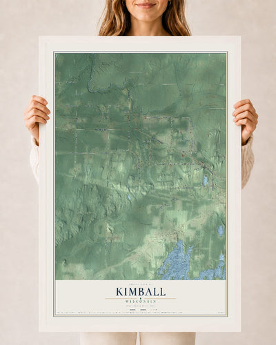 Map of Kimball, Wisconsin, 24 x 36 inch print in a white wood frame