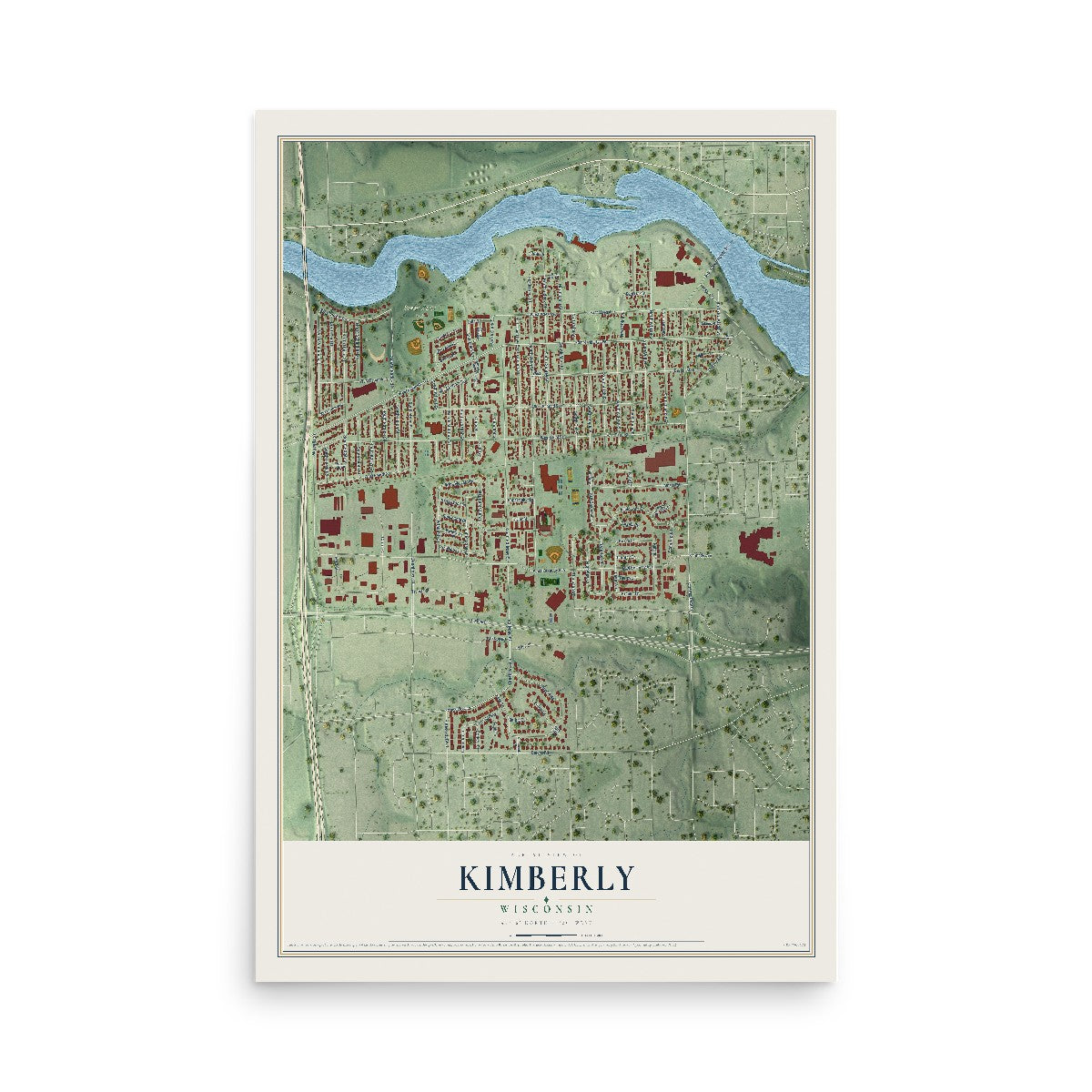 Map of Kimberly, Wisconsin, 12 x 18 inch unframed archival matte print