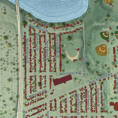 Second close-up of the map of Kimberly, Wisconsin print showing more streets and buildings