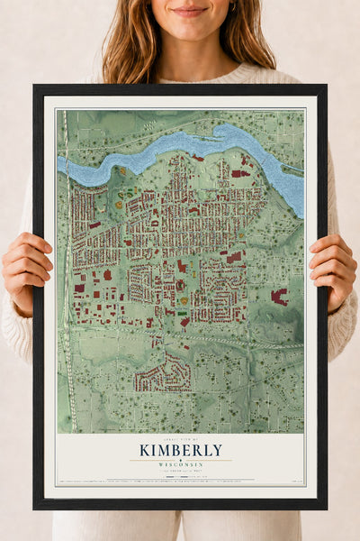 Map of Kimberly, Wisconsin, 18 x 24 inch print in a black wood frame