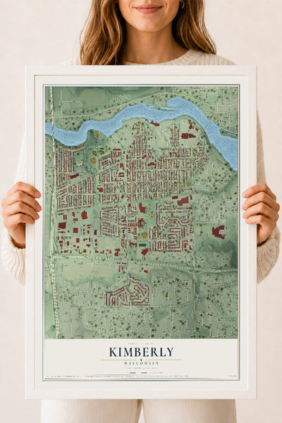 Map of Kimberly, Wisconsin, 18 x 24 inch print in a white wood frame