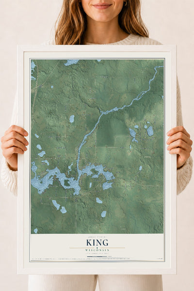 Map of King, Wisconsin, 18 x 24 inch print in a white wood frame