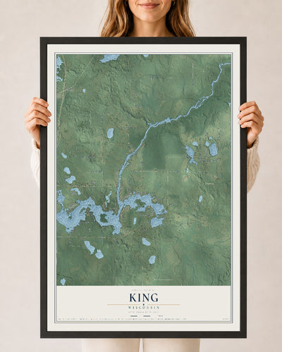 Map of King, Wisconsin, 24 x 36 inch print in a black wood frame