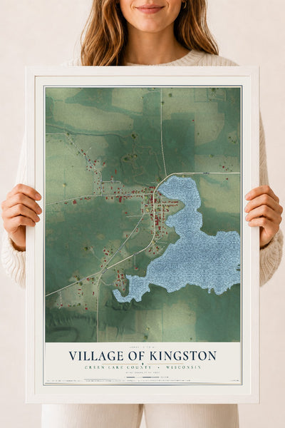 Map of Kingston, Wisconsin, 18 x 24 inch print in a white wood frame