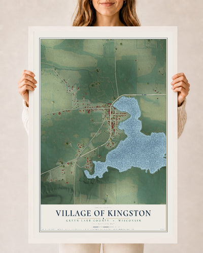 Map of Kingston, Wisconsin, 24 x 36 inch print in a white wood frame