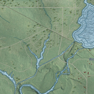 Close-up of the map of Komensky, Wisconsin print showing street and building detail