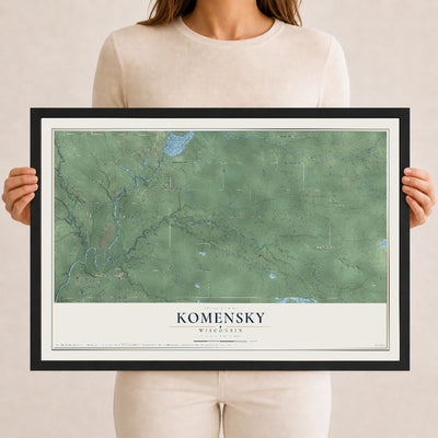 Map of Komensky, Wisconsin, 12 x 18 inch print in a black wood frame