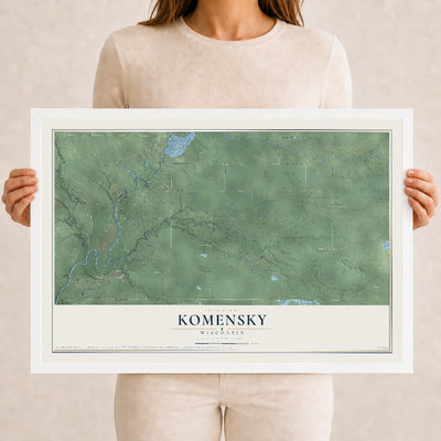 Map of Komensky, Wisconsin, 12 x 18 inch print in a white wood frame