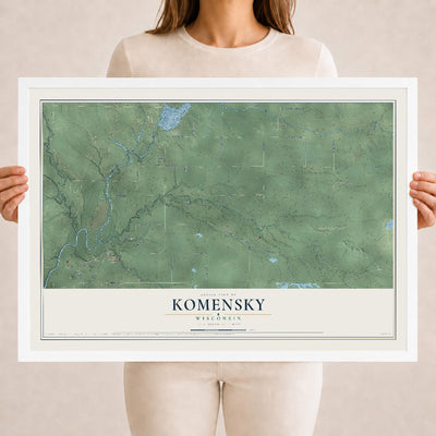 Map of Komensky, Wisconsin, 18 x 24 inch print in a white wood frame
