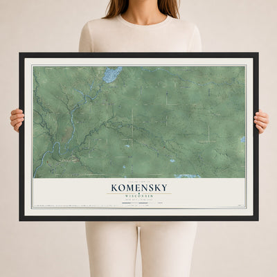 Map of Komensky, Wisconsin, 24 x 36 inch print in a black wood frame