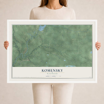 Map of Komensky, Wisconsin, 24 x 36 inch print in a white wood frame