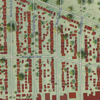 Close-up of the map of Kops Park, Wisconsin print showing street and building detail