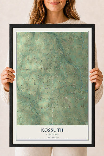 Map of Kossuth, Wisconsin, 18 x 24 inch print in a black wood frame