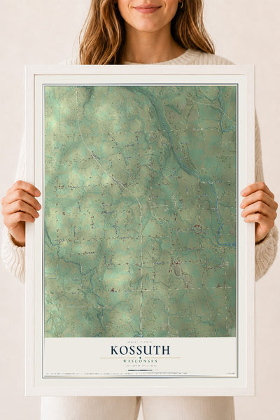 Map of Kossuth, Wisconsin, 18 x 24 inch print in a white wood frame